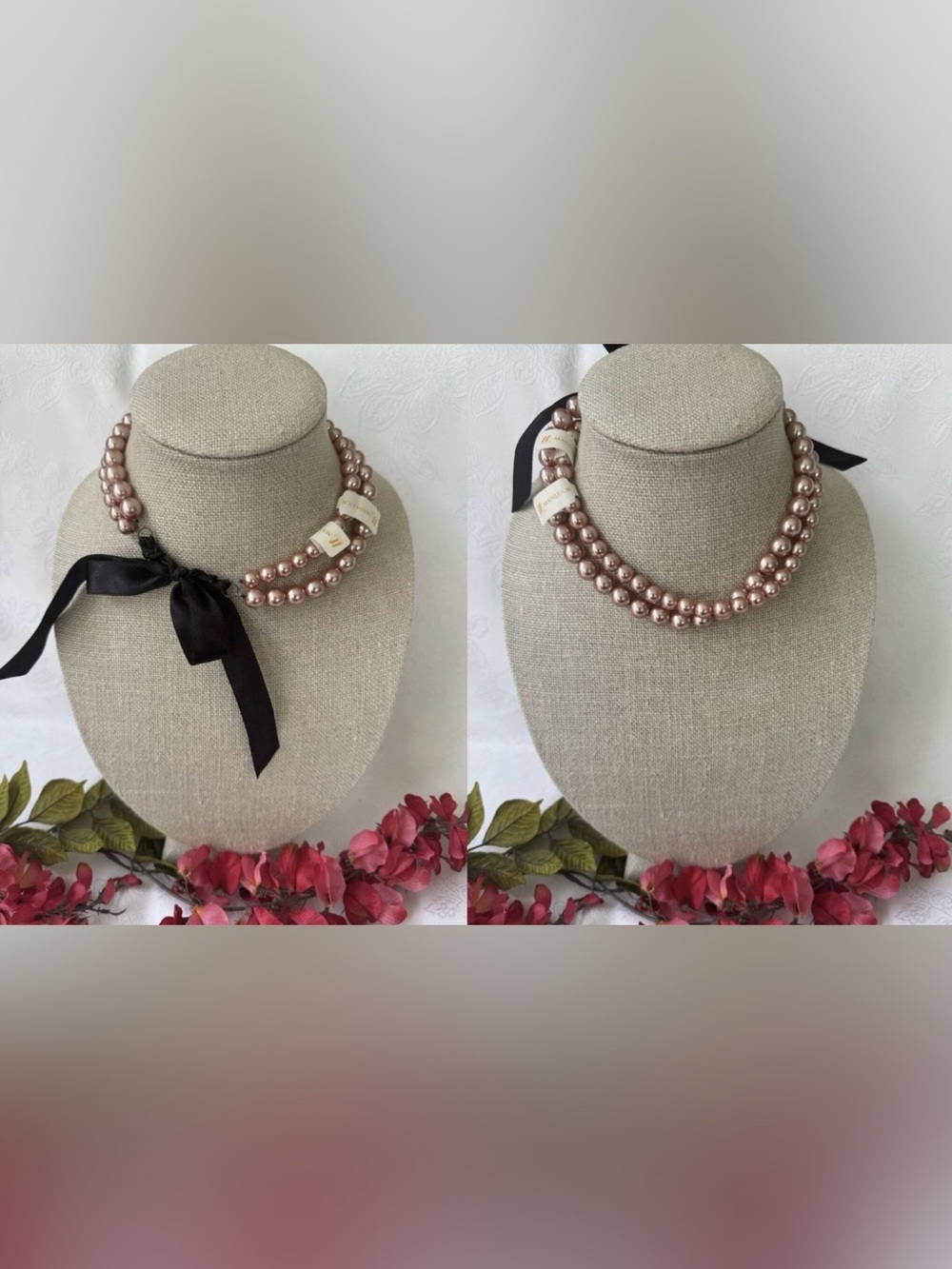 Pink Faux Pearl Double Strand Chunky Layered Necklace 16" W Black Bow Tie NEW